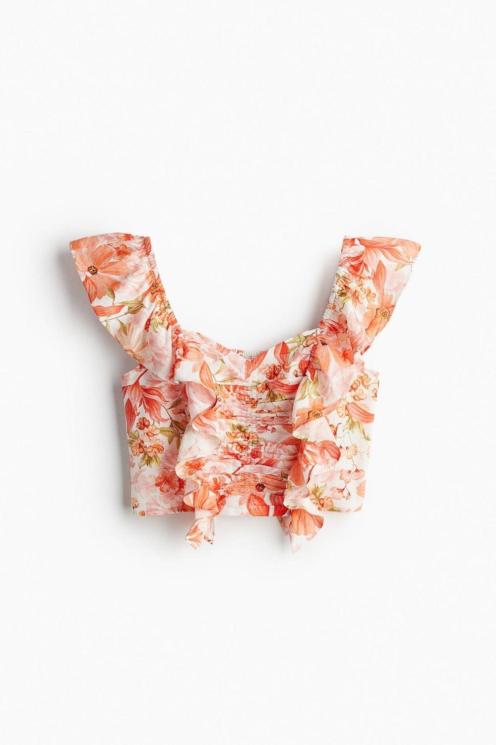 Linen-Blend Cropped Blouse with Sweetheart Neckline - Image 1