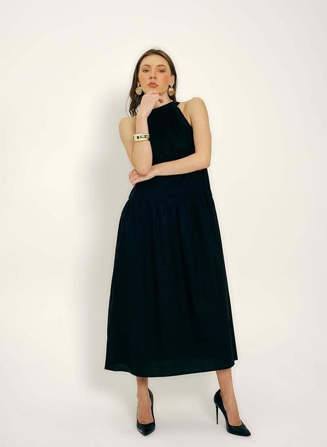 Black Cotton Halter Neck Tiered Maxi Dress - Image 1