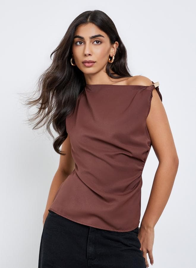 Styli Brown Asymmetric Neck Knit Top - Image 1