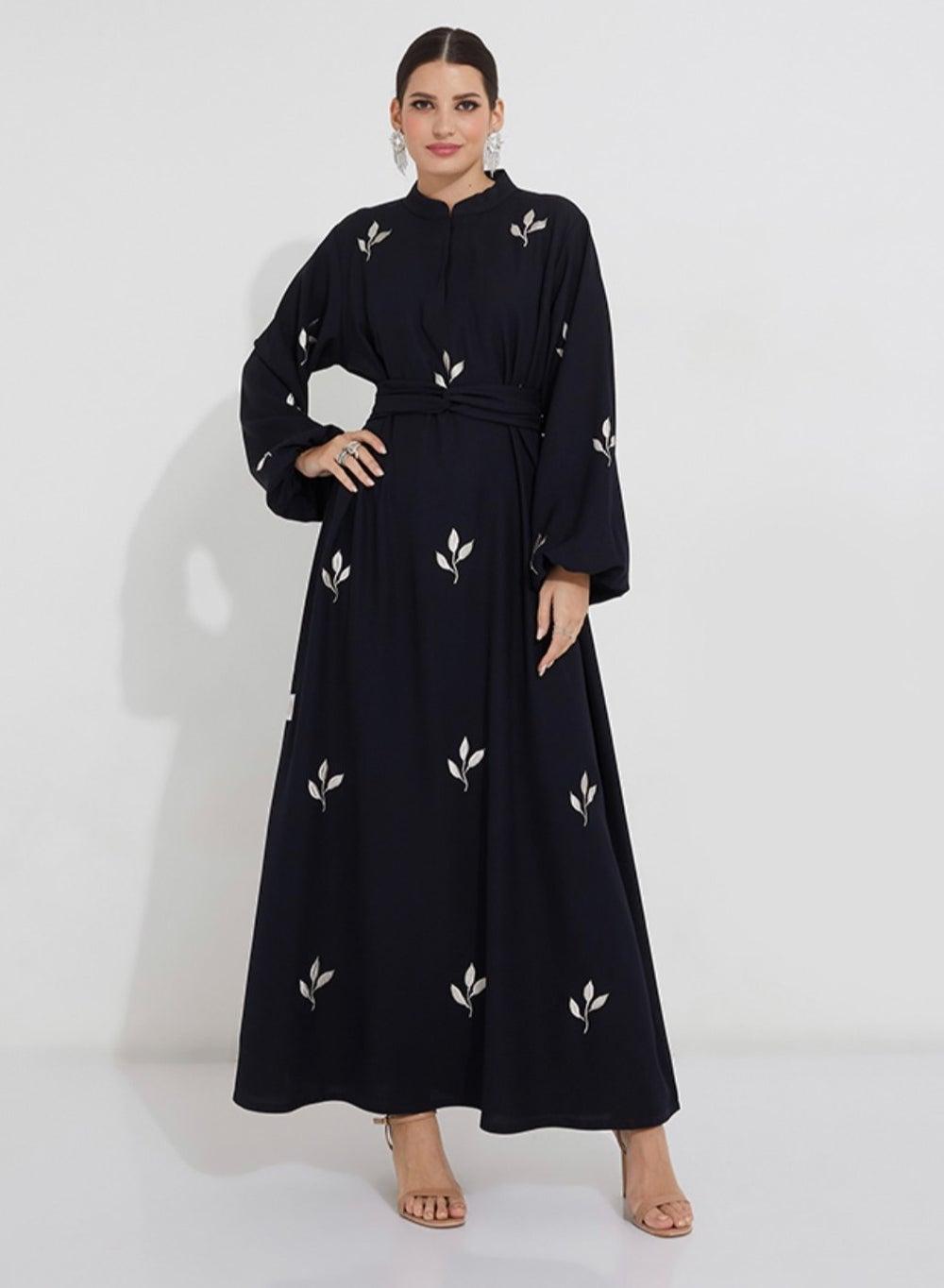 Navy Closed Abaya with Beige Embroidery and Elastic Sleeves - Image 1