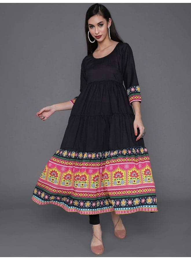 Black & Pink Floral Tiered Anarkali Dress - Image 1