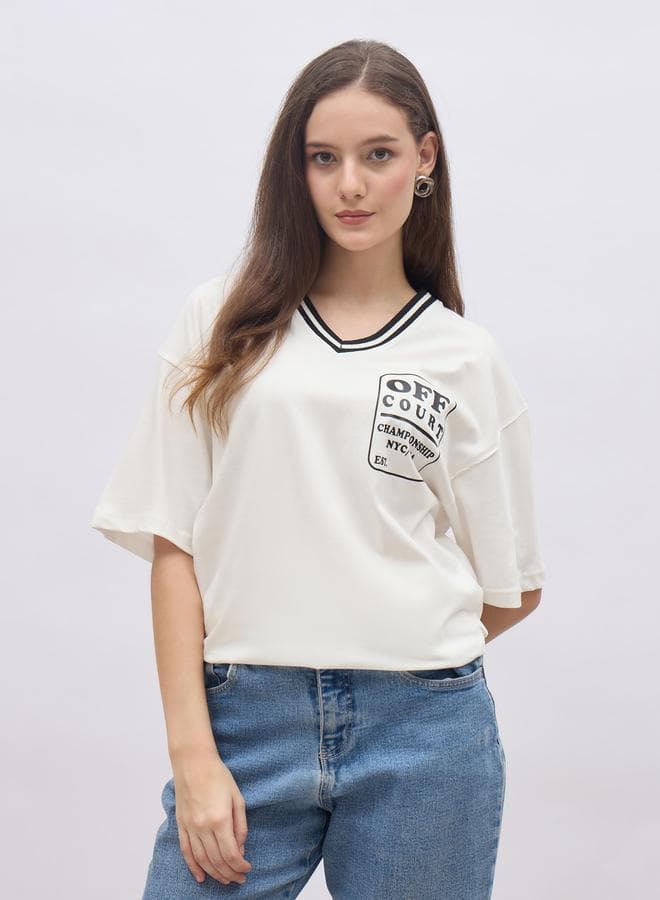 Contrast Neck Oversized Printed T-Shirt for Women - Image 1
