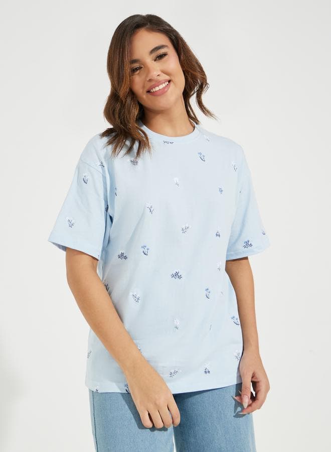 Oversized Floral Embroidered Front T-Shirt - Image 1