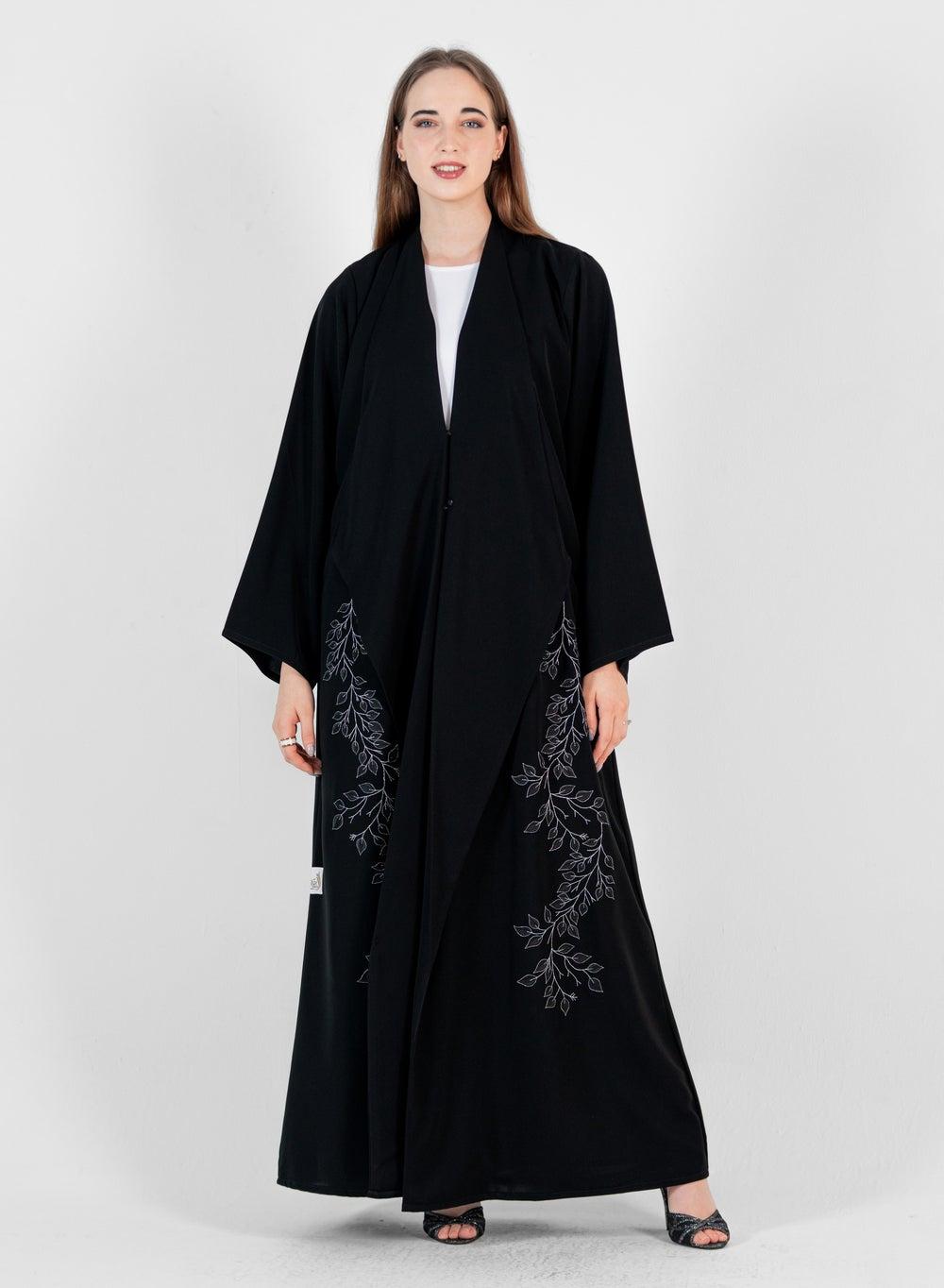 Silver and Black Abaya with Stitching Design, Wide Sleeves - Image 1