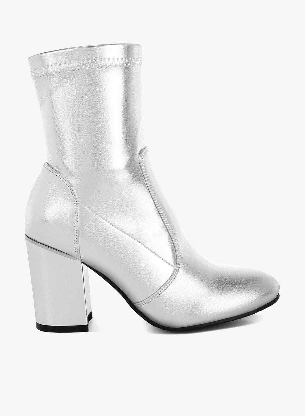Silver Metallic Pleather Sock Ankle Boots - Image 1