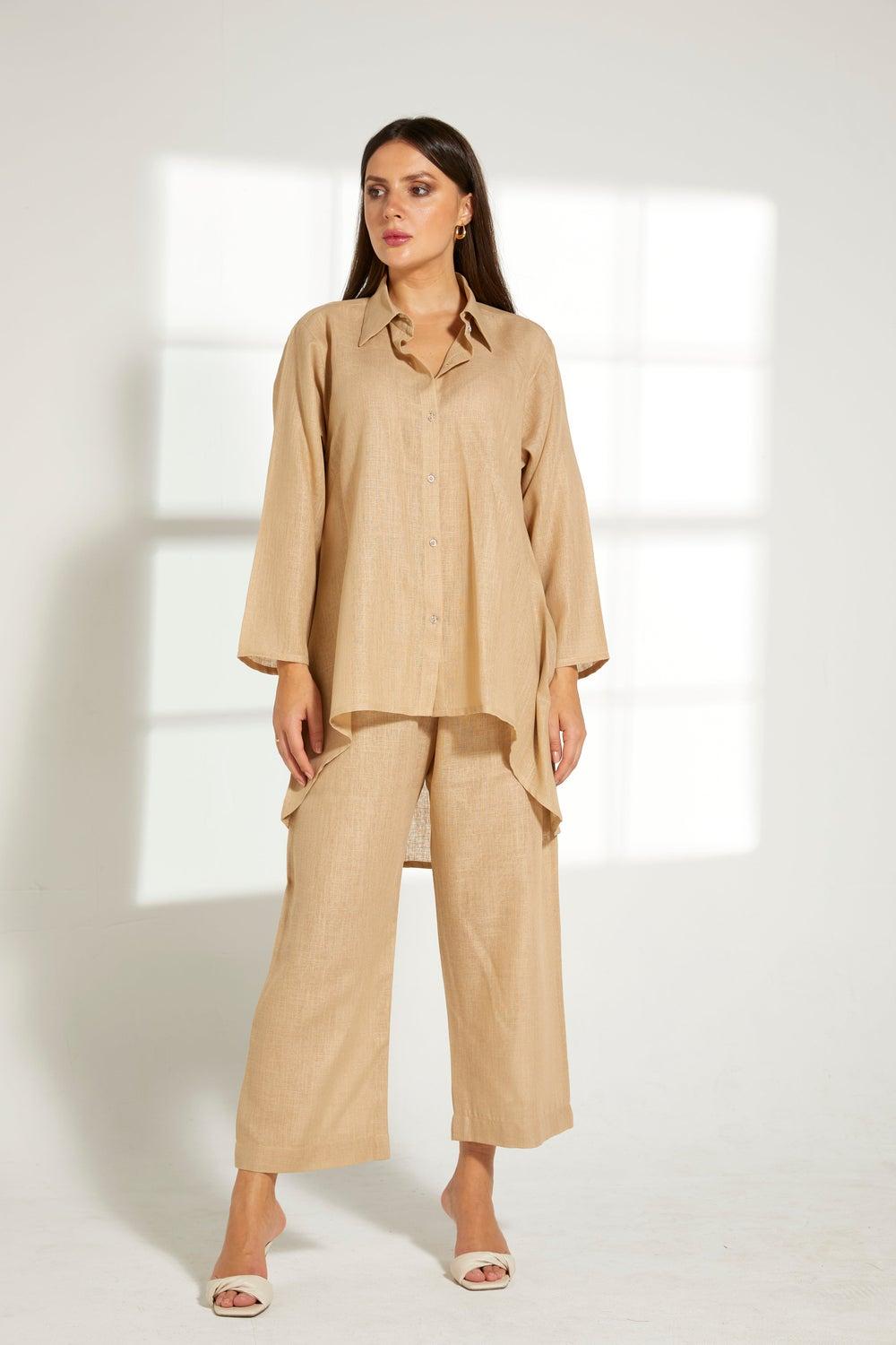 Asymmetric Button-Down Top and Pants Set - Image 1