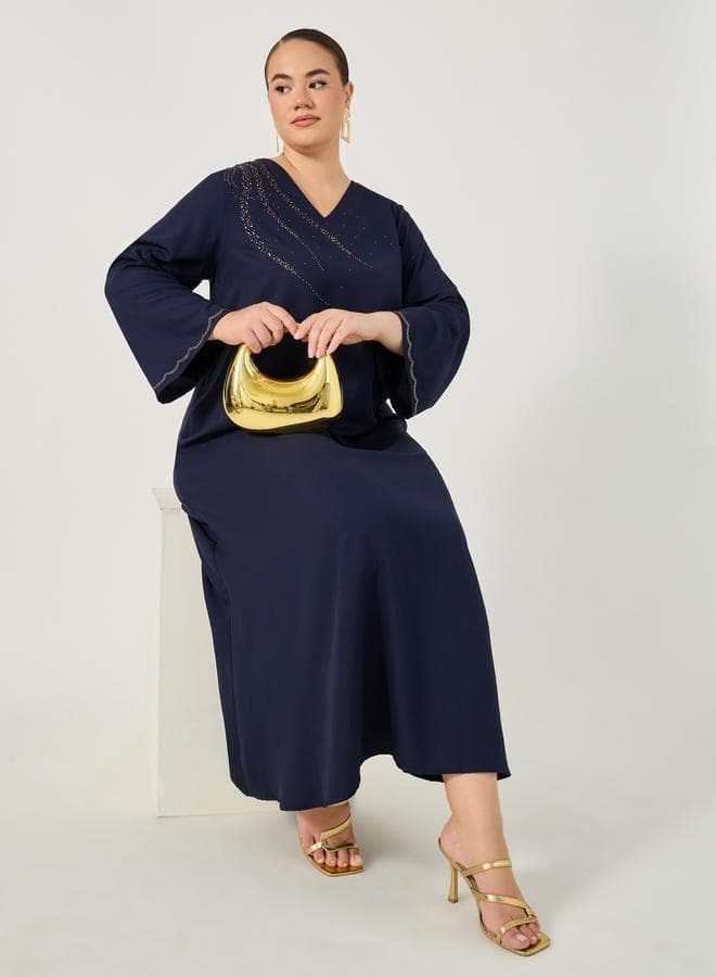 Styli Plus Size Rhinestone V Neck Jalabiya - Image 1