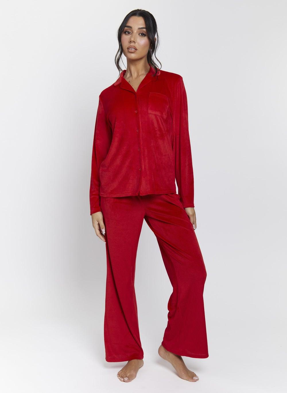 Red Velour Rib Long Sleeve Traditional Pyjama Set - Image 1