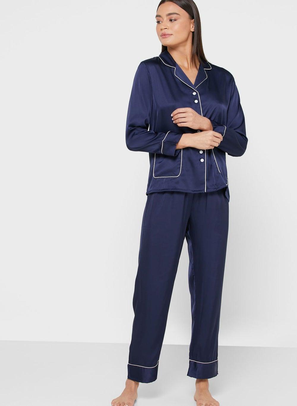 Satin Pyjama Set with Button Front and Elastic Waist - Image 1