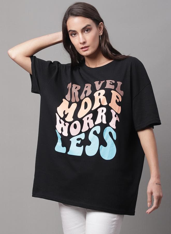 Women Black Oversized Graphic Print T-Shirt by Door74 - Image 1