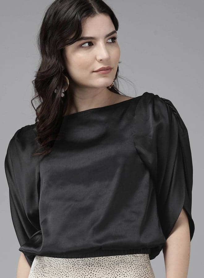 Satin Boat Neck Top with Slit Sleeves - Image 1