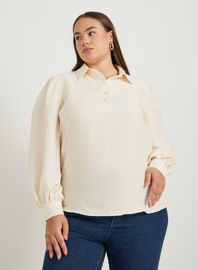 Plus Size Textured Balloon Sleeve Popover Shirt - Image 1
