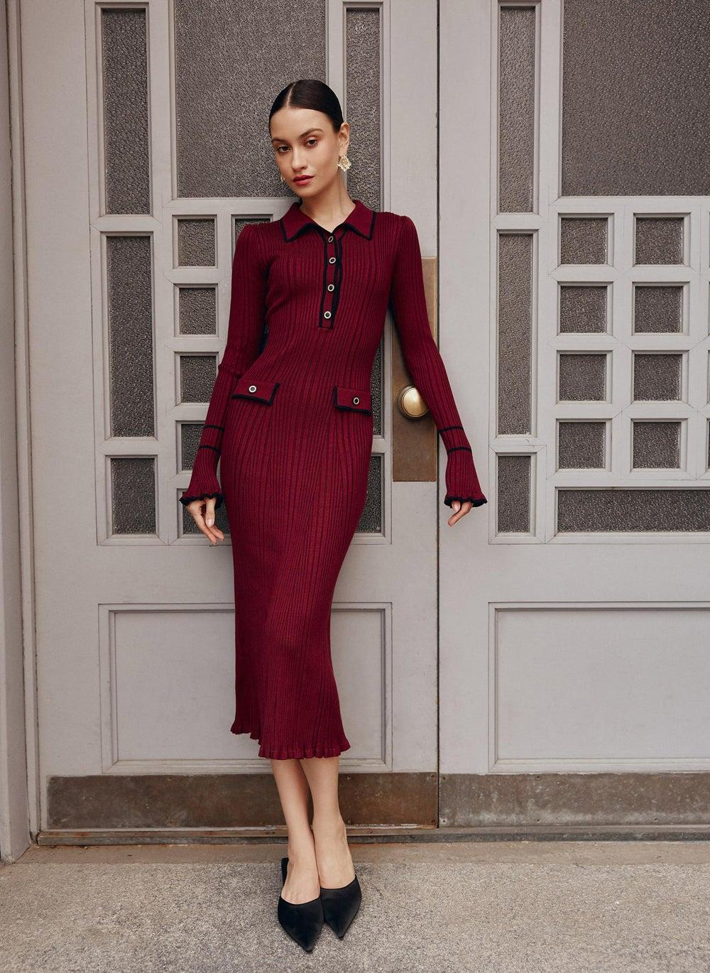 Fitted Rib-Knit Maxi Dress with Golden Buttons - Image 1