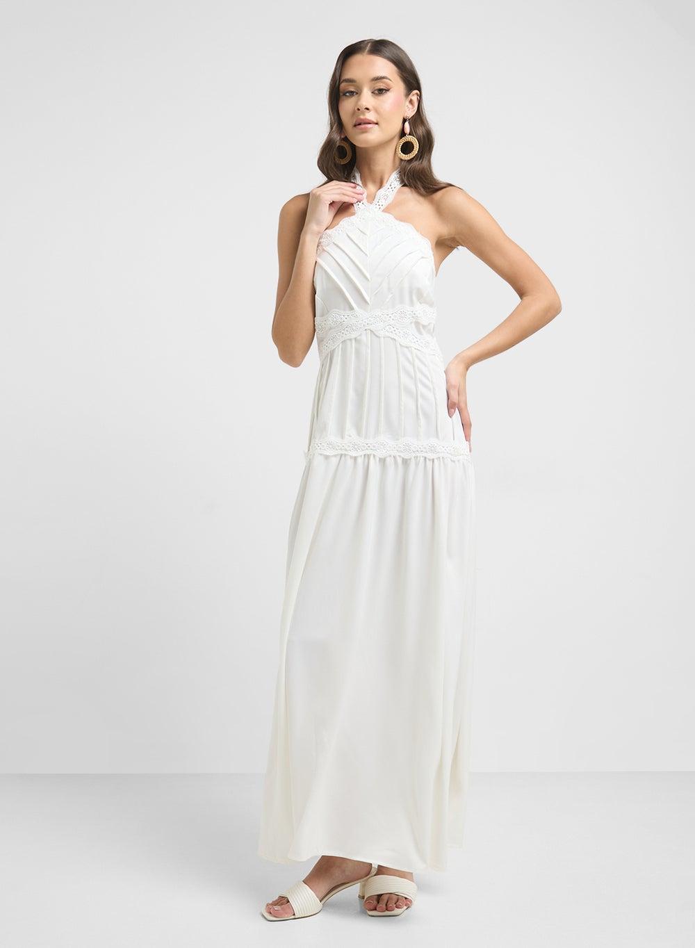 Halter Neck White Maxi Dress with Lace Trim - Image 1