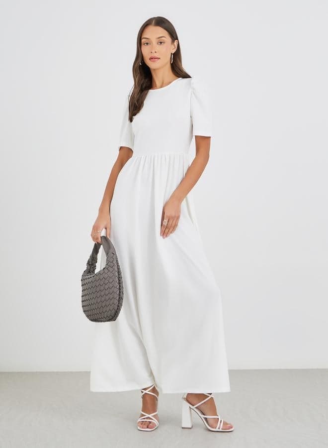 Solid Puff Sleeve A-Line Maxi Dress with Gathers - Image 1