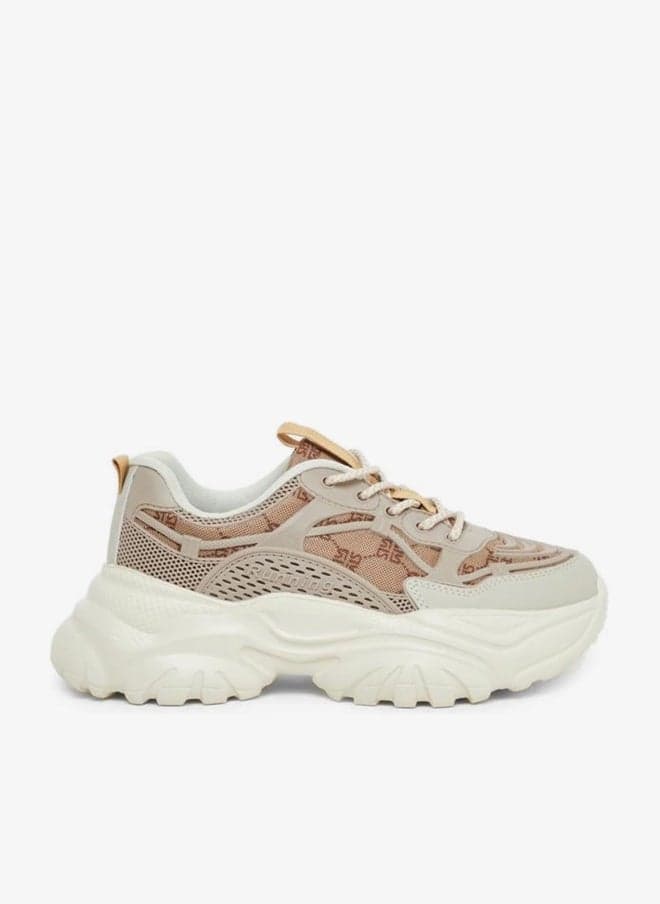 Embroidered Lace-Up Chunky Sole Low-Top Sneakers - Image 1