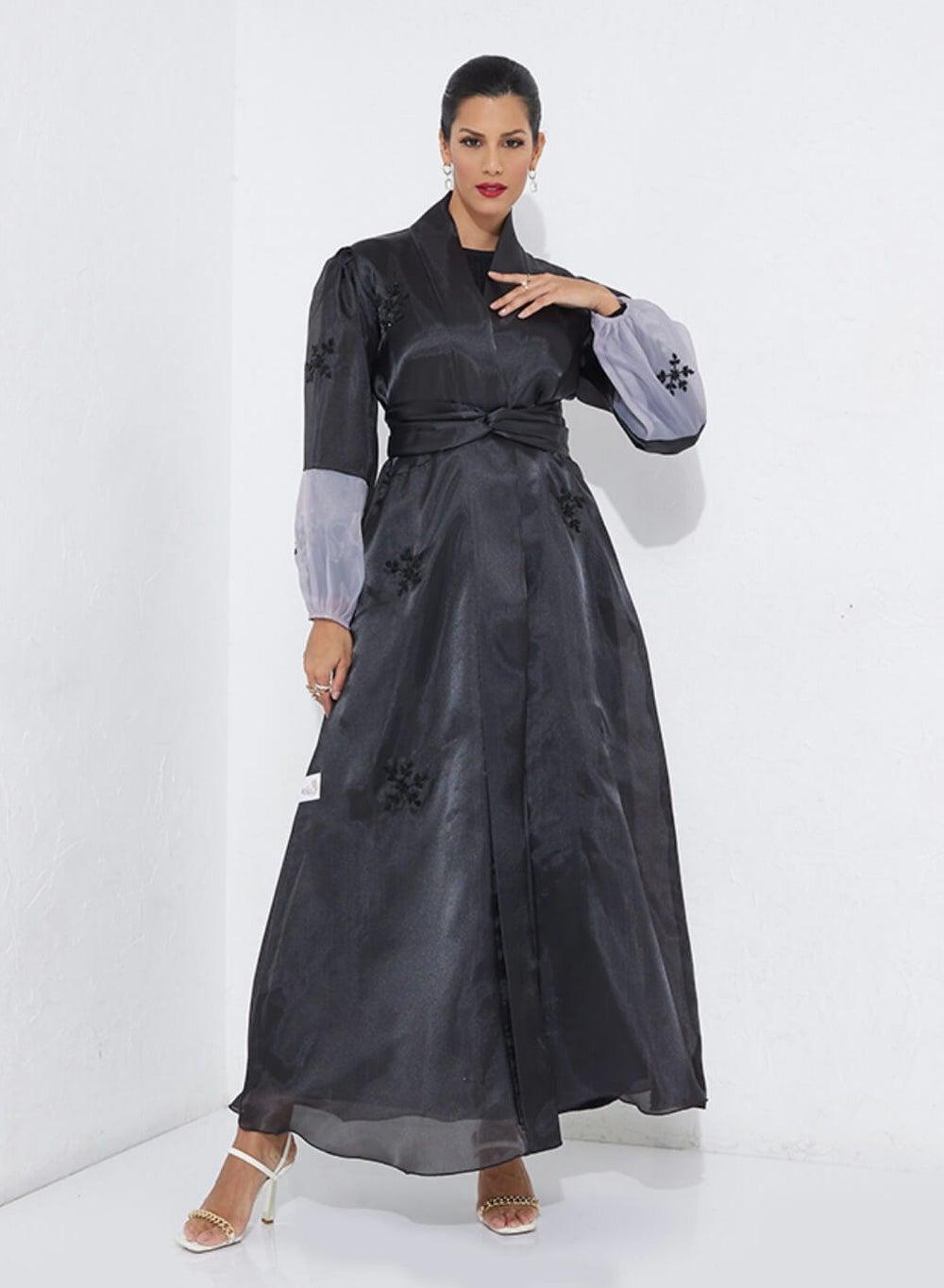 GB-Organza Black Stone Embroidered Abaya with Belt - Image 1