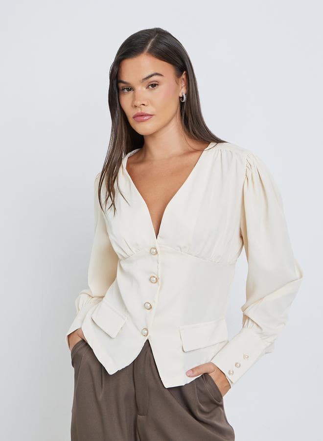 Styli V-Neck Buttoned Balloon Sleeve Blouse - Image 1