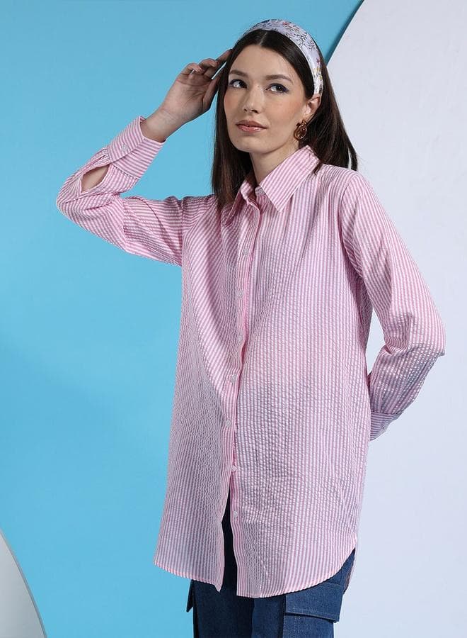 Freehand Pink Striped Longline Shirt for Women - Image 1