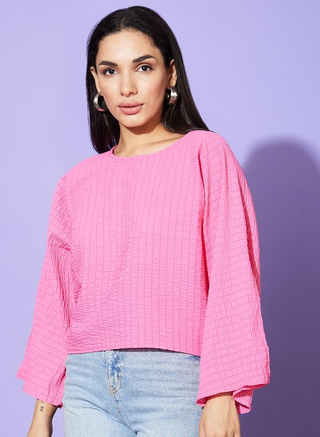 Textured Round Neck Batwing Sleeve Blouse - Image 1