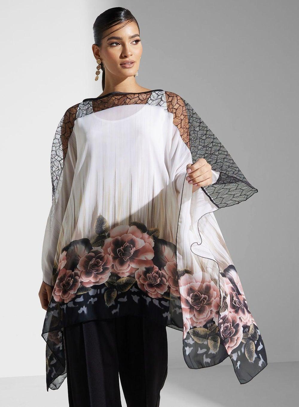Floral Print Tunic Dress with Black Lace Detail - Image 1