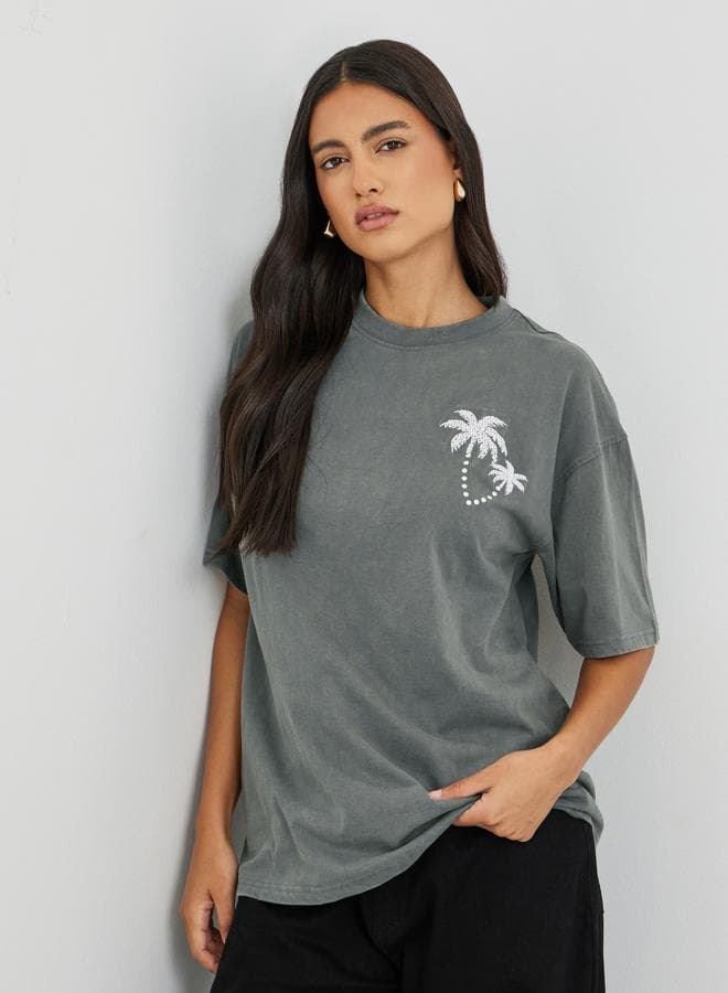 Palm Embroidered Acid Washed Oversized T-Shirt - Image 1