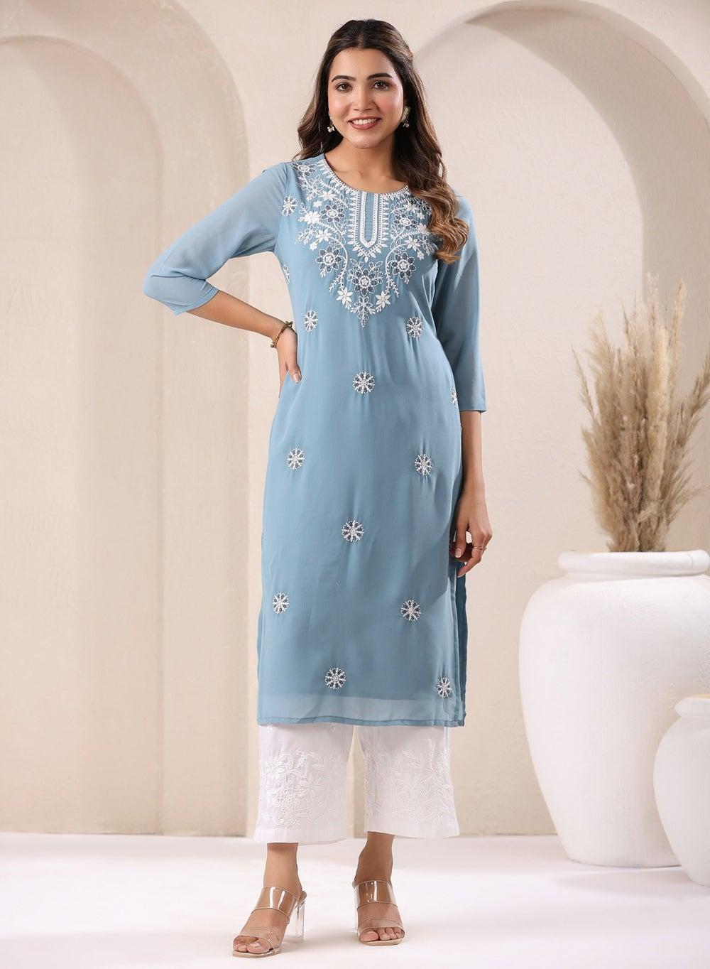 Blue Weightless Georgette Embroidered Kurta - Image 1