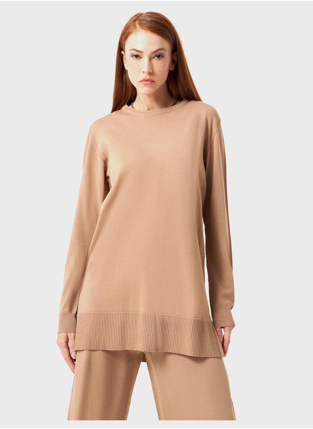Tan Ribbed Knit Tunic Dress with Textured Hem - Image 1