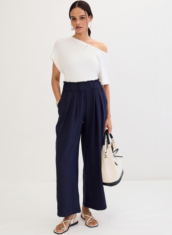 Navy Blue Wide Leg Pleat Detail Pants - Image 1