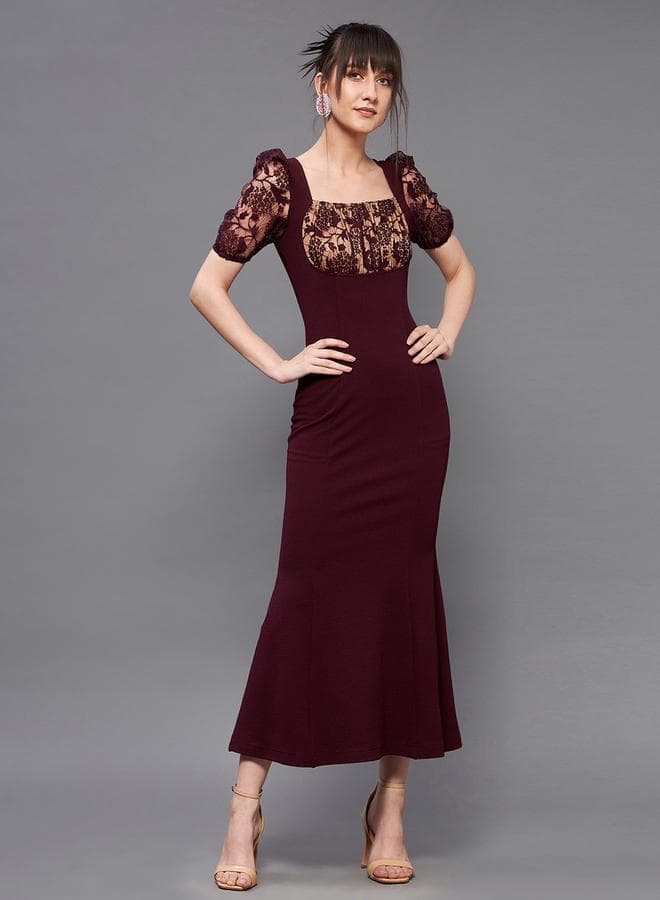 Lace Detail Burgundy Trumpet Dress - Image 1