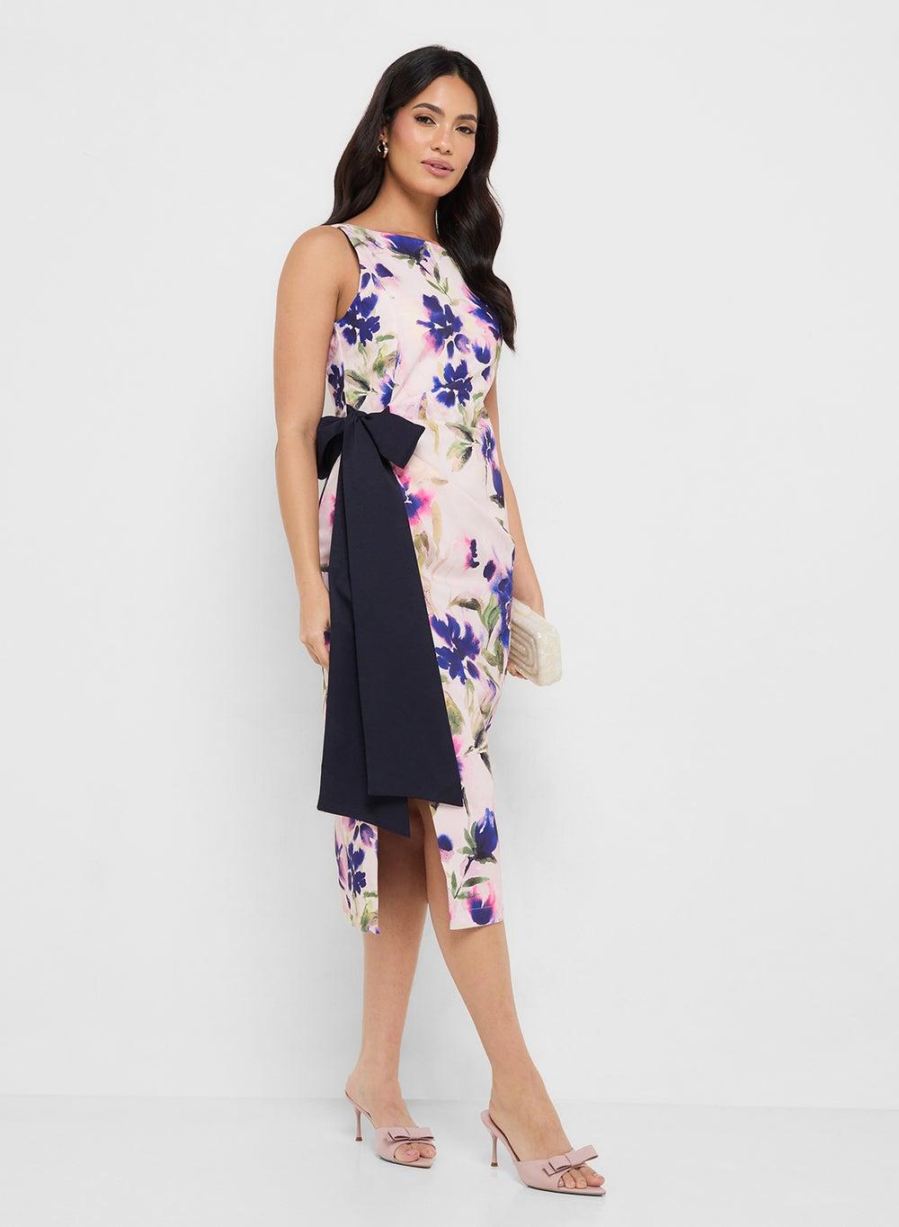 Floral Print Sleeveless Midi Dress with Dark Blue Bow - Image 1