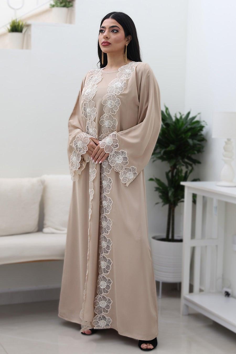 Beige Blossom Abaya with Matching Inner 2P744 - Image 1