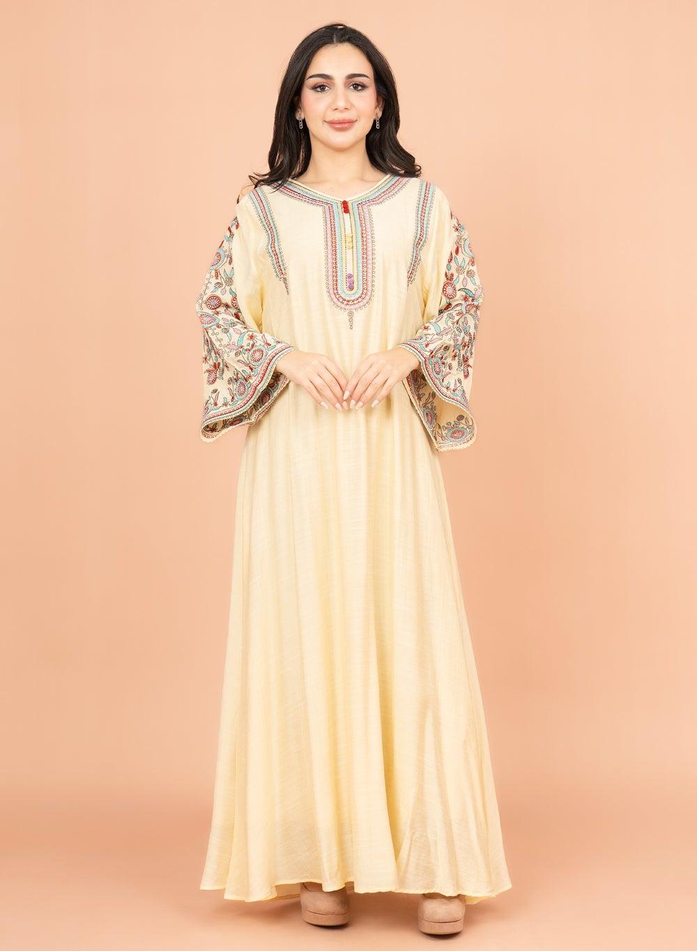Yellow Mandarin Collar Hand Embroidered Jalabiya IK4004 - Image 1