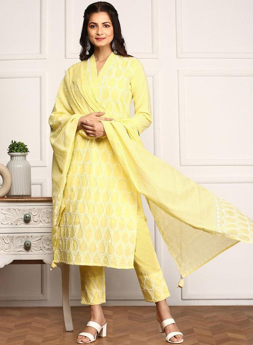 Yellow Embellished 100% Cotton Regular Fit Kurta Set - Image 1