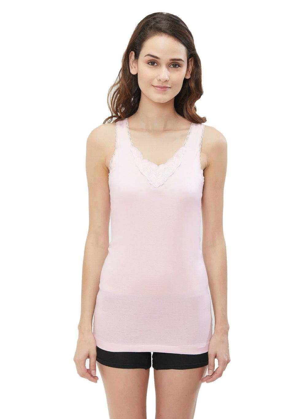 Women's Light Pink Cotton Vest with Lace, Pack of 3 - Image 1