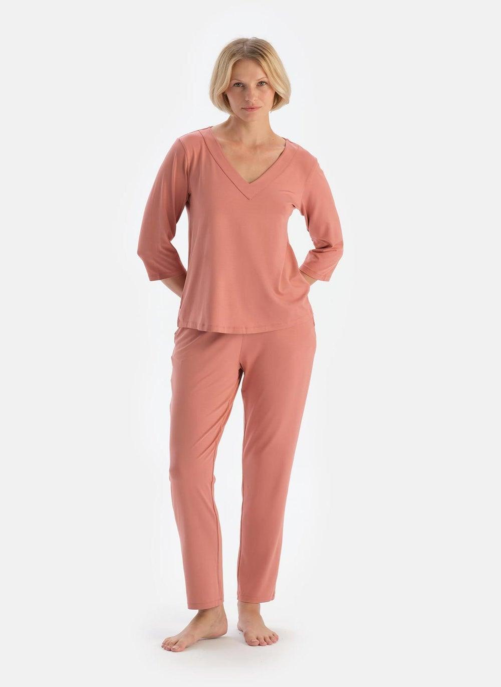 Supreme V Neck Pink Long Pajama Set - Image 1