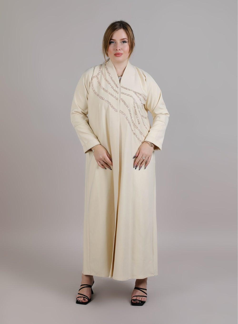 MSquare Fashion Beige Korean Nida Embroidered Abaya - Image 1