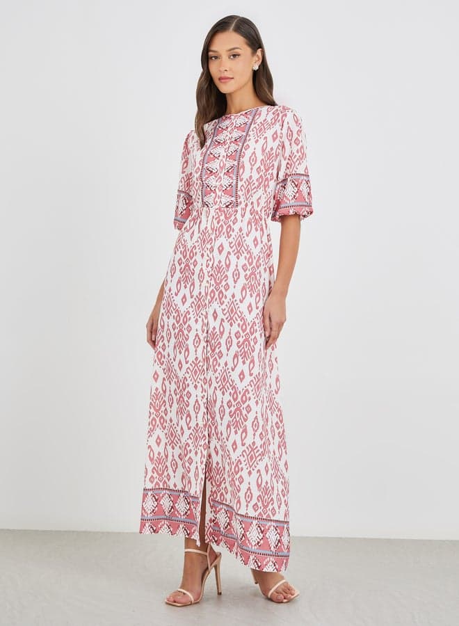 All-Over Print 3/4th Sleeve Button Front Maxi Dress - Image 1