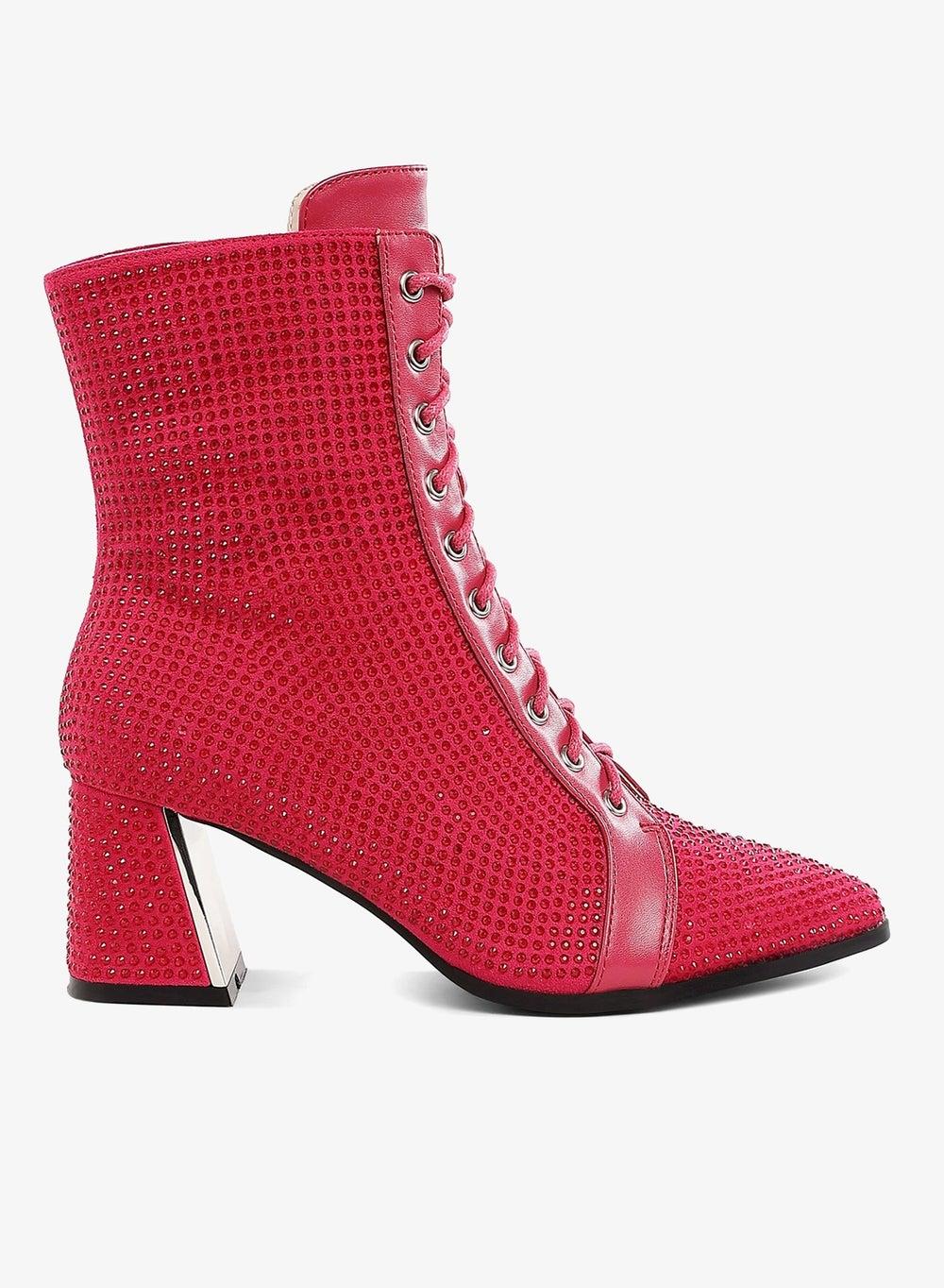 Fuchsia Rhinestone Embellished Ankle Boots - Image 1