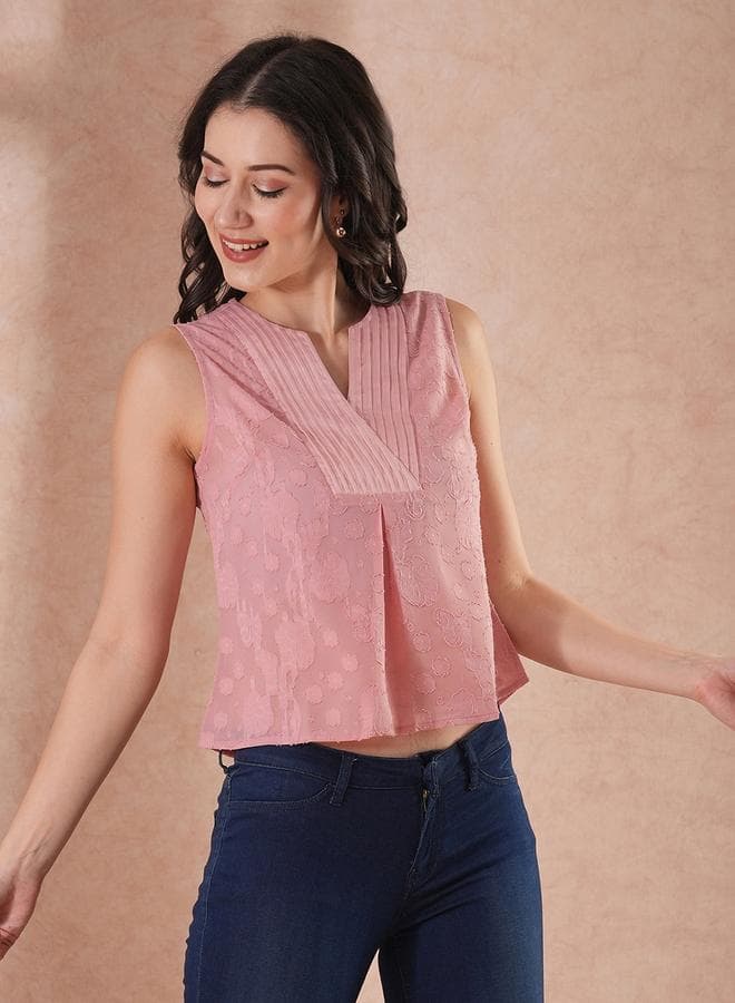 Textured Floral Print V-Neck Sleeveless Blouse - Image 1