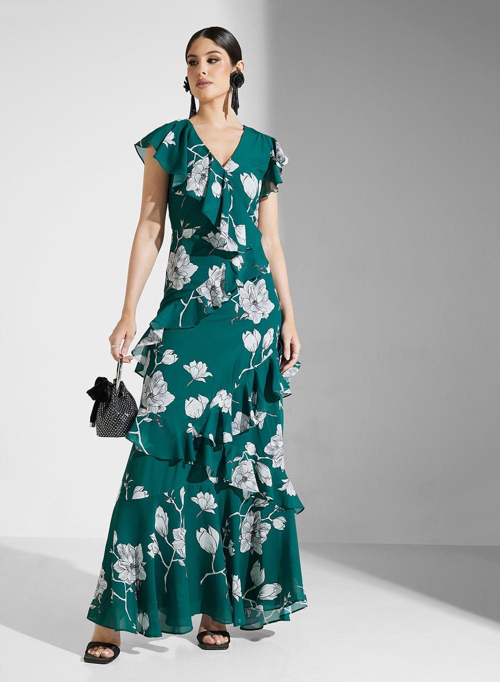 Floral Ruffle Maxi Dress with V-Neck and Flutter Sleeves - Image 1