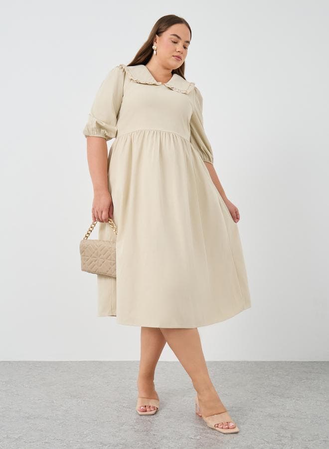 Collared Poplin Midi Dress with Ruffled Neckline - Image 1