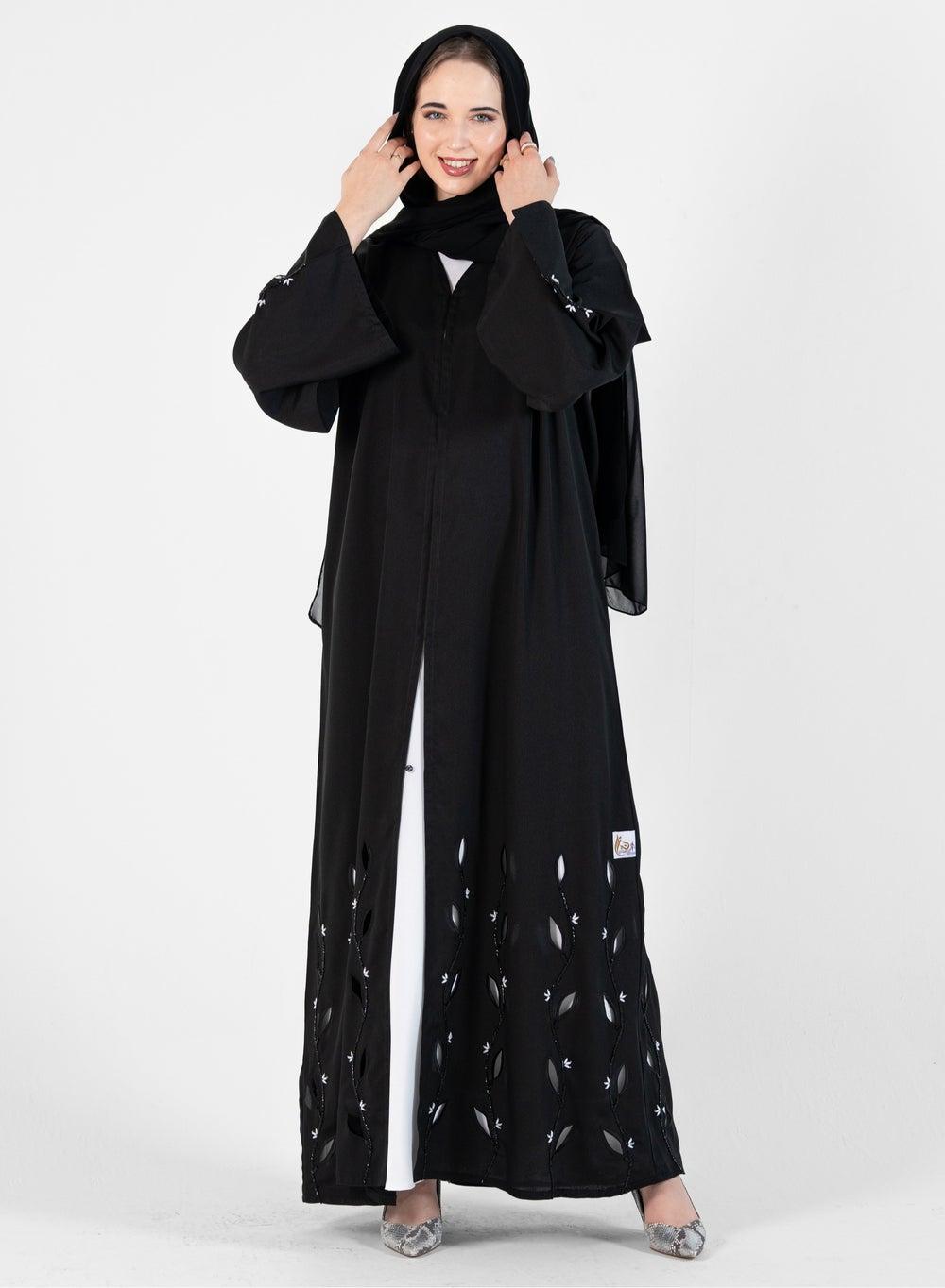 Abaya with Hand Embroidery and Laser Cut Leaves - Image 1