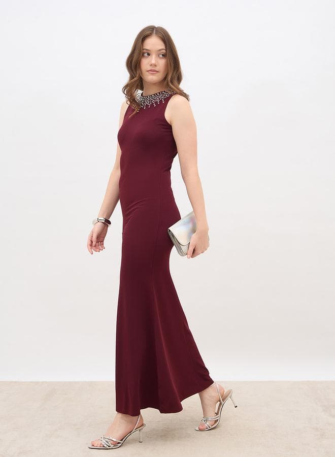 Embellished Round Neck A-Line Maxi Dress - Image 1
