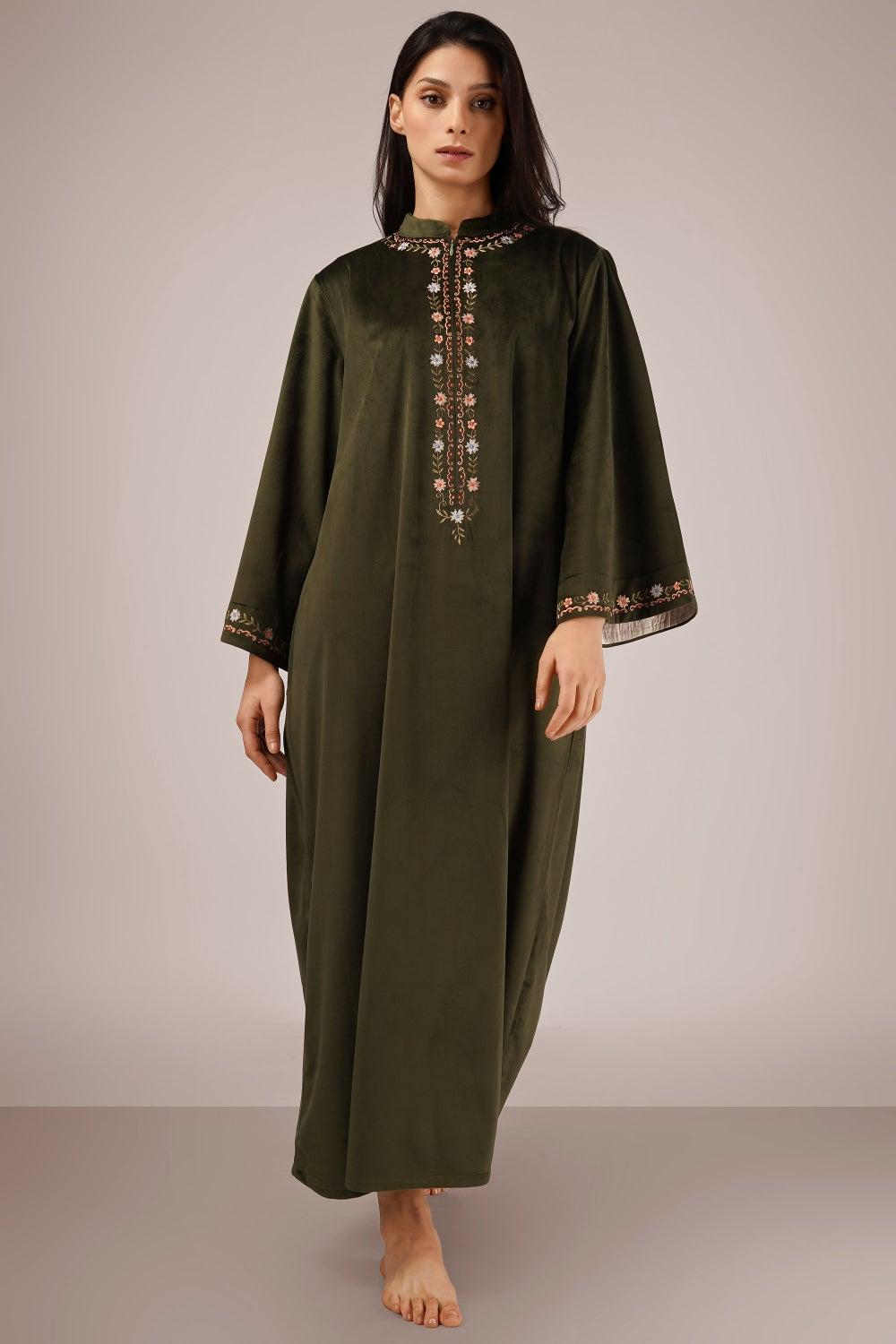 Cheryl Green Velvet Kaftan with Hand Embroidery - Image 1