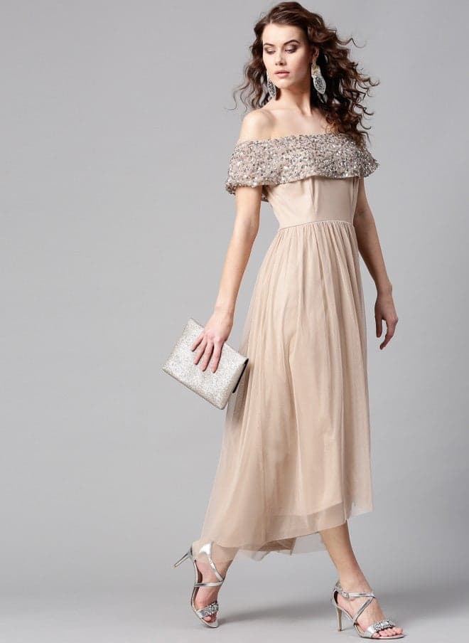Beige Off-Shoulder Sequin Maxi Dress for Women - Image 1