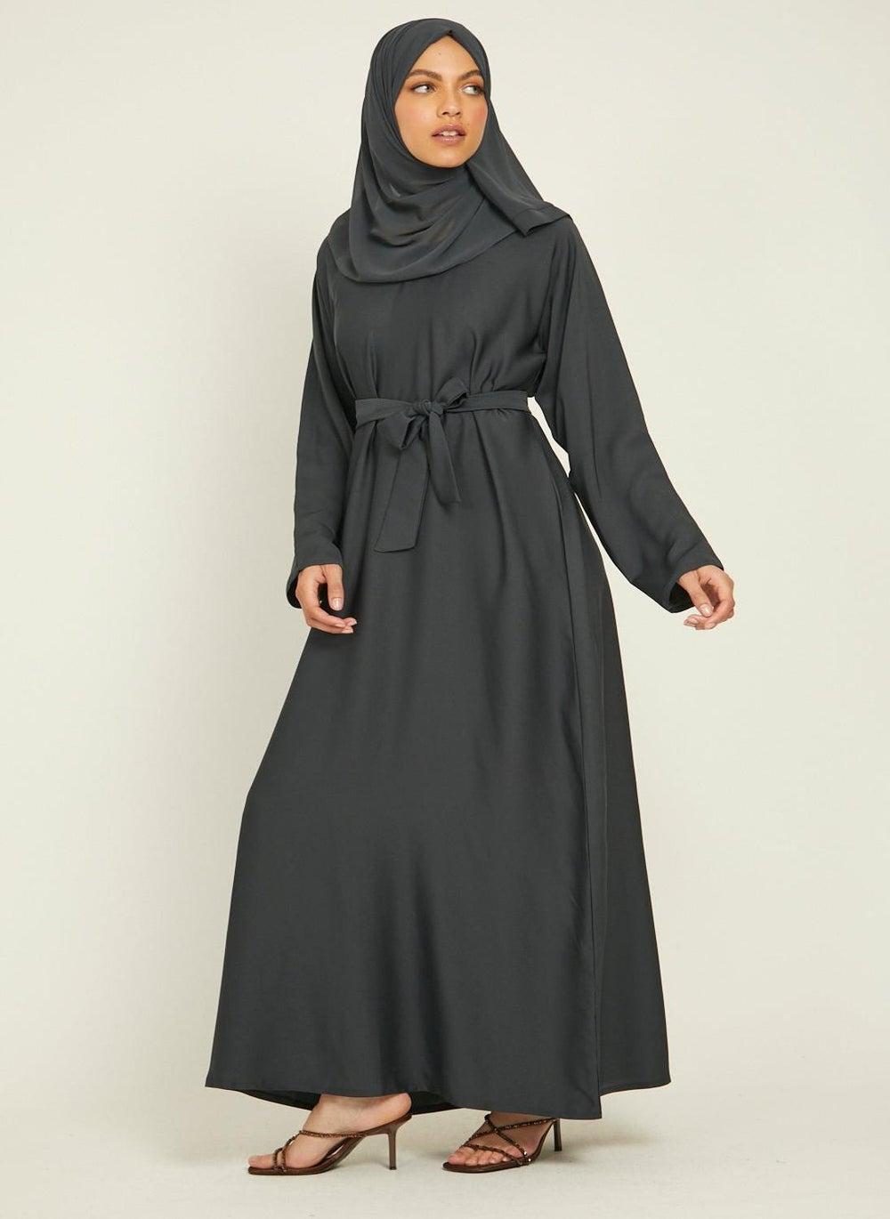 Elegant Grey Plain Abaya with Belt and Hijab AB50 - Image 1