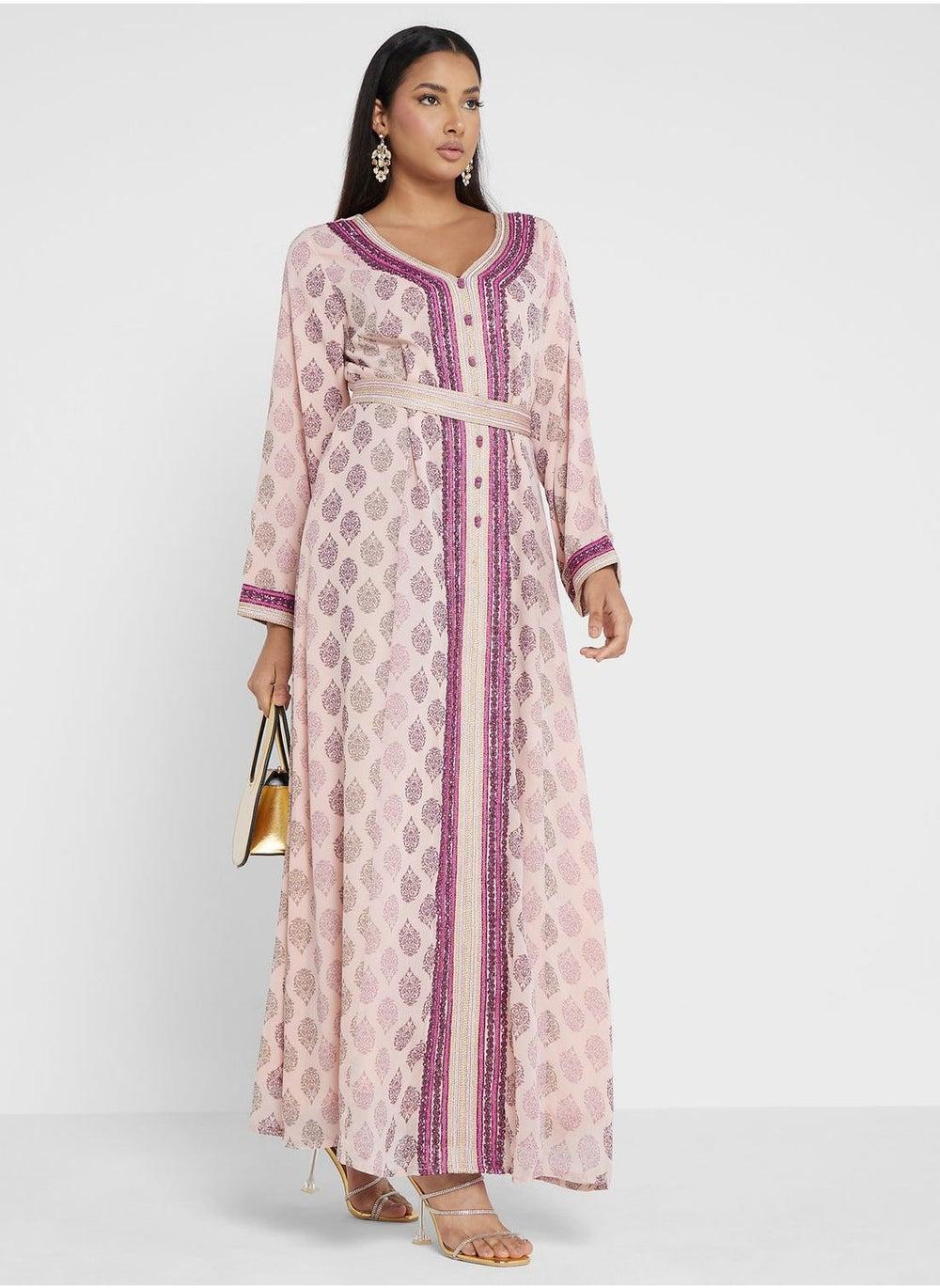 Print Cut Work Jalabiya with Embroidery and Belt - Image 1