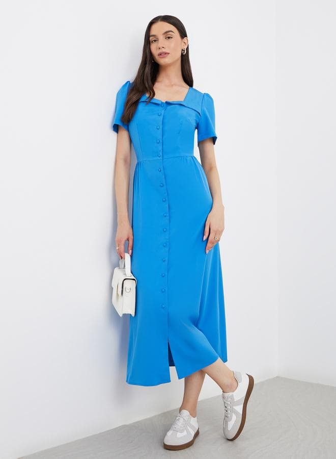 Solid Square Neck Buttoned Midi Dress - Image 1