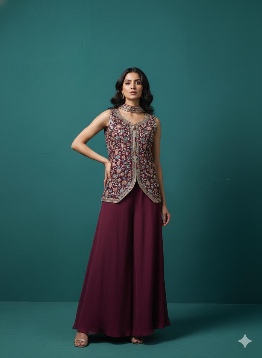 Maroon Embroidered Short Kurti Palazzo Set with Dupatta - Image 1
